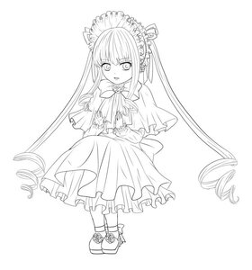 Rating: Safe Score: 0 Tags: 1girl capelet dress drill_hair full_body greyscale image lineart long_hair monochrome shinku sitting solo striped twin_drills twintails User: admin