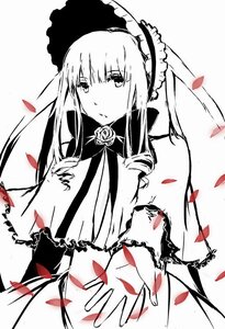 Rating: Safe Score: 0 Tags: 1girl auto_tagged bonnet capelet dress flower greyscale image long_hair long_sleeves looking_at_viewer monochrome petals rose rose_petals shinku simple_background solo white_background User: admin