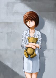 Rating: Safe Score: 0 Tags: 1girl against_wall brown_hair cowboy_shot dress expressionless heterochromia holding image long_sleeves looking_at_viewer red_eyes shirt short_hair solo souseiseki standing stuffed_animal teddy_bear wall User: admin
