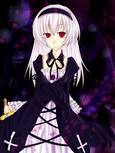 Rating: Safe Score: 0 Tags: 1girl black_background cowboy_shot detached_collar dress frills hairband holding holding_weapon image lolita_hairband long_hair long_sleeves looking_at_viewer red_eyes ribbon solo suigintou sword weapon white_hair User: admin