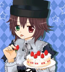 Rating: Safe Score: 0 Tags: 1girl argyle argyle_background brown_hair cake checkered checkered_background checkered_floor food fruit hat heterochromia image plaid_background red_eyes short_hair solo souseiseki star_(symbol) strawberry tiles tongue tongue_out User: admin