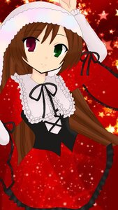 Rating: Safe Score: 0 Tags: 1girl brown_hair dress frills green_eyes head_scarf heterochromia image long_hair long_sleeves looking_at_viewer red_eyes ribbon smile solo suiseiseki very_long_hair User: admin