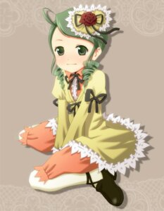 Rating: Safe Score: 0 Tags: 1girl ahoge blush brown_background dress drill_hair flower frills full_body green_eyes green_hair hat image kanaria long_sleeves pantyhose ribbon rose solo twin_drills User: admin