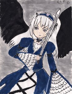 Rating: Safe Score: 0 Tags: 1girl black_wings closed_mouth cowboy_shot cross-laced_clothes dress frills hairband image long_hair long_sleeves looking_at_viewer marker_(medium) puffy_sleeves solo standing suigintou traditional_media wings User: admin