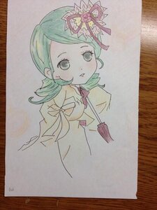 Rating: Safe Score: 0 Tags: 1girl bangs bow bowtie colored_pencil_(medium) crown dress flower green_eyes green_hair hair_ornament image juliet_sleeves kanaria long_sleeves looking_at_viewer marker_(medium) parted_lips photo puffy_sleeves shikishi short_hair simple_background solo swept_bangs traditional_media watercolor_(medium) white_background User: admin