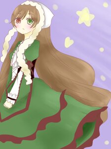 Rating: Safe Score: 0 Tags: 1girl blush brown_hair dress frills green_dress green_eyes head_scarf heart heterochromia image long_hair long_sleeves looking_at_viewer red_eyes solo suiseiseki very_long_hair User: admin