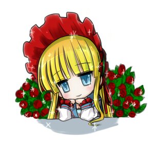 Rating: Safe Score: 0 Tags: 1girl bangs blonde_hair blue_eyes bow dress flower image long_hair long_sleeves looking_at_viewer red_flower red_rose rose shinku simple_background solo white_background User: admin