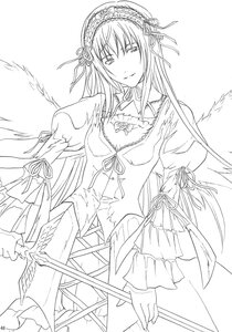 Rating: Safe Score: 0 Tags: 1girl dress feathered_wings frills greyscale hairband image lineart long_hair long_sleeves looking_at_viewer monochrome ribbon simple_background solo suigintou very_long_hair white_background wings User: admin