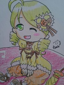 Rating: Safe Score: 0 Tags: 1girl ahoge blonde_hair bow dress drill_hair flower green_eyes hair_flower hair_ornament image kanaria long_hair one_eye_closed open_mouth smile solo traditional_media User: admin