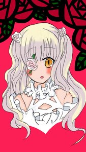 Rating: Safe Score: 0 Tags: 1girl :o bangs blonde_hair blush eyepatch flower frills hair_flower hair_ornament image kirakishou long_hair looking_at_viewer pink_rose red_background rose simple_background solo thorns two_side_up upper_body white_flower white_rose yellow_eyes User: admin
