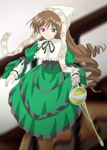 Rating: Safe Score: 0 Tags: 1girl brown_hair dress drill_hair frills green_dress green_eyes head_scarf heterochromia image long_hair long_sleeves red_eyes ribbon solo standing suiseiseki twin_drills very_long_hair watering_can User: admin