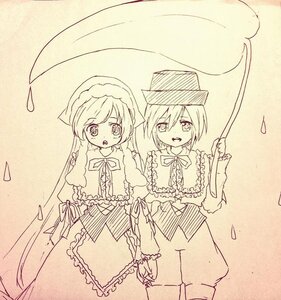 Rating: Safe Score: 0 Tags: 1boy 1girl apron capelet dress frills hat holding image long_hair long_sleeves monochrome open_mouth pair ribbon smile souseiseki suiseiseki umbrella very_long_hair User: admin