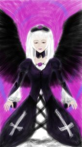 Rating: Safe Score: 0 Tags: 1girl black_wings dress frills hat image long_hair long_sleeves looking_at_viewer silver_hair solo suigintou wings User: admin