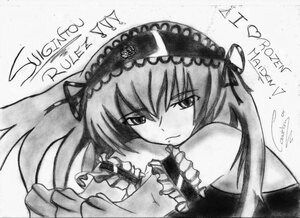 Rating: Safe Score: 0 Tags: 1girl dated frills greyscale hairband holding image lolita_hairband long_hair looking_at_viewer monochrome signature solo suigintou User: admin