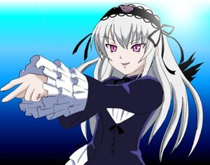 Rating: Safe Score: 0 Tags: 1girl auto_tagged black_dress blue_background dress frilled_sleeves frills hairband image lolita_hairband long_hair long_sleeves looking_at_viewer outstretched_arm pink_eyes silver_hair smile solo suigintou wings User: admin