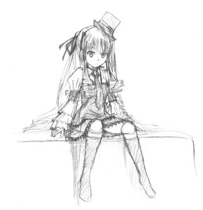 Rating: Safe Score: 0 Tags: 1girl dress full_body greyscale hat image kneehighs long_hair long_sleeves mini_hat mini_top_hat monochrome shinku sitting solo thighhighs top_hat very_long_hair User: admin