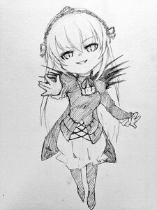 Rating: Safe Score: 0 Tags: 1girl blush dress eyebrows_visible_through_hair full_body greyscale hairband image long_sleeves looking_at_viewer monochrome ribbon smile solo standing suigintou traditional_media User: admin