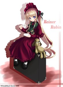 Rating: Safe Score: 0 Tags: 1girl blonde_hair blue_eyes bonnet bow bowtie cup dress full_body green_bow image long_hair long_sleeves looking_at_viewer red_dress saucer shinku shoes sitting solo tea teacup very_long_hair User: admin