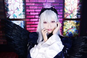 Rating: Safe Score: 0 Tags: 1girl blurry depth_of_field dress flower hairband long_hair long_sleeves looking_at_viewer red_eyes silver_hair solo stained_glass suigintou wings User: admin