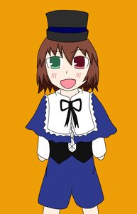 Rating: Safe Score: 0 Tags: 1girl :d blue_dress brown_hair capelet cowboy_shot green_eyes hat heterochromia image long_sleeves looking_at_viewer open_mouth orange_background red_eyes ribbon short_hair simple_background smile solo souseiseki standing top_hat User: admin