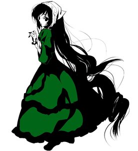 Rating: Safe Score: 0 Tags: 1girl bangs dress full_body image long_hair long_sleeves looking_at_viewer monochrome shadow solo striped suiseiseki very_long_hair white_background User: admin