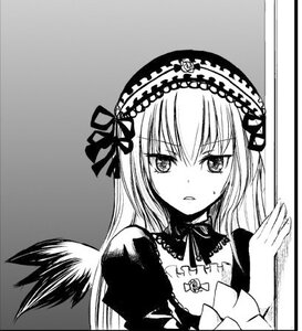 Rating: Safe Score: 0 Tags: 1girl detached_collar dress greyscale hairband image lolita_hairband long_hair long_sleeves looking_at_viewer monochrome ribbon simple_background solo suigintou traditional_media upper_body wings User: admin