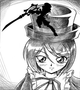 Rating: Safe Score: 0 Tags: 1girl :} arukime blush commentary_request greyscale hat image looking_at_viewer monochrome ribbon rozen_maiden scissors short_hair silhouette solo souseiseki weapon User: admin