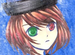 Rating: Safe Score: 0 Tags: 1girl black_headwear blue_background brown_hair close-up eyebrows_visible_through_hair face green_eyes hat heterochromia image looking_at_viewer portrait red_eyes short_hair solo souseiseki User: admin