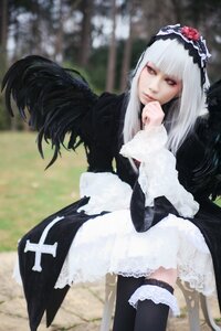 Rating: Safe Score: 0 Tags: 1girl bangs black_legwear blurry blurry_background blurry_foreground depth_of_field dress frills gothic_lolita hairband lace lolita_fashion long_hair long_sleeves looking_at_viewer outdoors red_eyes solo standing suigintou thighhighs User: admin