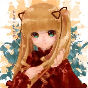 Rating: Safe Score: 0 Tags: 1girl bangs blonde_hair green_eyes hair_ribbon image long_hair long_sleeves looking_at_viewer ribbon shinku smile solo twintails upper_body User: admin