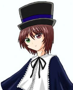 Rating: Safe Score: 0 Tags: 1girl brown_hair green_eyes hat heterochromia image long_sleeves looking_at_viewer red_eyes ribbon short_hair simple_background solo souseiseki striped top_hat upper_body white_background User: admin