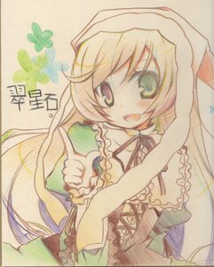 Rating: Safe Score: 0 Tags: 1girl blonde_hair dress frills head_scarf image long_hair long_sleeves looking_at_viewer open_mouth smile solo suiseiseki traditional_media User: admin