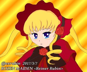 Rating: Safe Score: 0 Tags: 1girl blonde_hair blue_eyes bonnet bow bowtie dress flower image long_hair long_sleeves rose shinku solo twintails yellow_background User: admin