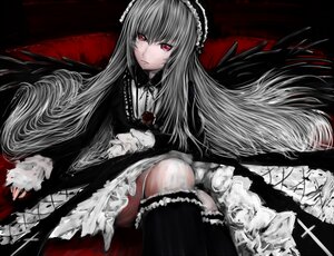 Rating: Safe Score: 0 Tags: 1girl black_wings doll_joints dress frills hairband image joints long_hair long_sleeves looking_at_viewer red_eyes rose silver_hair sitting solo suigintou very_long_hair wings User: admin