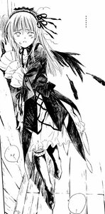 Rating: Safe Score: 0 Tags: 1girl boots dress frills greyscale hairband image long_hair long_sleeves monochrome solo suigintou wings User: admin