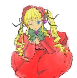 Rating: Safe Score: 0 Tags: 1girl blonde_hair blue_eyes bonnet bow bowtie dress drill_hair flower green_bow image long_hair long_sleeves looking_at_viewer one_eye_closed red_dress rose shinku simple_background solo twin_drills twintails white_background User: admin