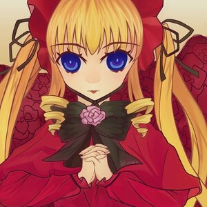 Rating: Safe Score: 0 Tags: 1girl blonde_hair blue_eyes bonnet bow bowtie dress drill_hair flower hair_ribbon image long_hair long_sleeves looking_at_viewer pink_rose red_capelet red_dress ribbon rose shinku solo twin_drills twintails yellow_background User: admin