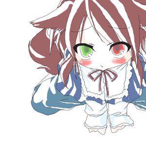 Rating: Safe Score: 0 Tags: 1girl animal_ears bangs blue_dress blush brown_hair closed_mouth dress green_eyes heterochromia image long_sleeves neck_ribbon red_eyes ribbon simple_background solo souseiseki striped vertical_stripes white_background User: admin