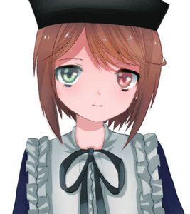 Rating: Safe Score: 0 Tags: 1girl bangs black_headwear black_ribbon blush brown_hair closed_mouth eyebrows_visible_through_hair frills green_eyes hat heterochromia image looking_at_viewer neck_ribbon ribbon short_hair simple_background smile solo souseiseki striped swept_bangs upper_body white_background User: admin