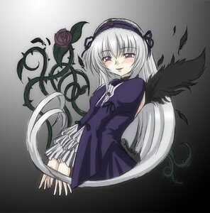 Rating: Safe Score: 0 Tags: 1girl artist_request blush dress feathers flower frills hairband image long_hair long_sleeves looking_at_viewer pale_skin photoshop_(medium) purple_eyes rose rozen_maiden silver_hair smile solo suigintou very_long_hair wings User: admin
