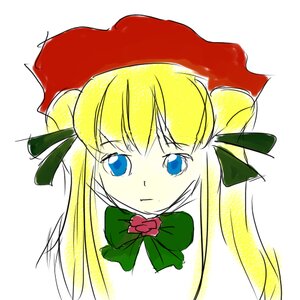 Rating: Safe Score: 0 Tags: 1girl auto_tagged blonde_hair blue_eyes bow bowtie face hat image long_hair looking_at_viewer ribbon shinku simple_background solo twintails white_background User: admin