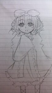 Rating: Safe Score: 0 Tags: 1girl :d blush bow capelet dress drill_hair eyebrows_visible_through_hair graphite_(medium) hair_bow hinaichigo image long_sleeves looking_at_viewer monochrome open_mouth short_hair sketch smile solo standing traditional_media User: admin