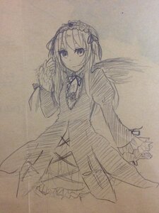 Rating: Safe Score: 0 Tags: 1girl closed_mouth dress eyebrows_visible_through_hair frills hairband image long_hair long_sleeves looking_at_viewer ribbon simple_background sketch smile solo suigintou traditional_media wings User: admin