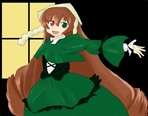 Rating: Safe Score: 0 Tags: 1girl :d brown_hair dress frills green_dress green_eyes head_scarf heterochromia image long_hair long_sleeves looking_at_viewer open_mouth red_eyes simple_background smile solo suiseiseki very_long_hair User: admin