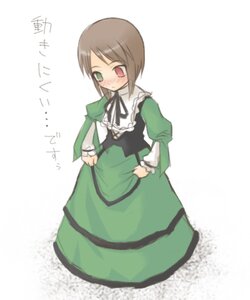 Rating: Safe Score: 0 Tags: 1girl blush brown_hair costume_switch dress frills green_dress green_eyes heterochromia image long_sleeves looking_at_viewer red_eyes simple_background solo standing suiseiseki white_background User: admin