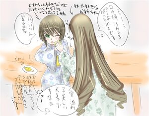 Rating: Safe Score: 0 Tags: 2girls blush brown_hair green_eyes image japanese_clothes kimono long_hair long_sleeves multiple_girls one_eye_closed solo souseiseki suiseiseki very_long_hair User: admin