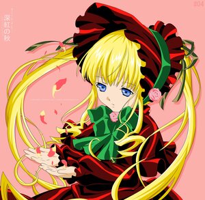 Rating: Safe Score: 0 Tags: 1girl blonde_hair blue_eyes bonnet bow bowtie dress flower green_bow green_neckwear image long_hair long_sleeves looking_at_viewer petals pink_background pink_flower pink_rose red_dress rose shinku signature solo twintails upper_body very_long_hair User: admin