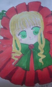 Rating: Safe Score: 0 Tags: 1girl blonde_hair bow dress green_eyes image long_hair long_sleeves looking_at_viewer photo rose shinku simple_background smile solo User: admin