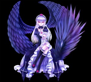 Rating: Safe Score: 0 Tags: 1girl black_wings dress feathered_wings flower frills full_body hairband image long_hair looking_at_viewer red_eyes silver_hair sitting solo suigintou transparent_background wings User: admin