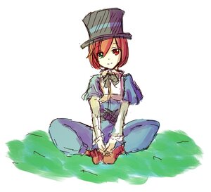 Rating: Safe Score: 0 Tags: 1girl blue_dress bow bowtie dress full_body grass green_eyes hat heterochromia image long_sleeves pantyhose red_eyes short_hair sitting sketch solo souseiseki top_hat white_background User: admin